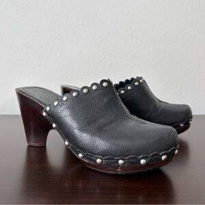 Bass Silver Studded Black Leather Wooden Clogs
